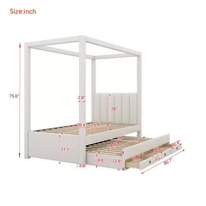 Lit à plateforme à baldaquin tapissé de lin 137 x 191 cm avec lit gigogne et trois tiroirs de rangement – Sanzelize Design