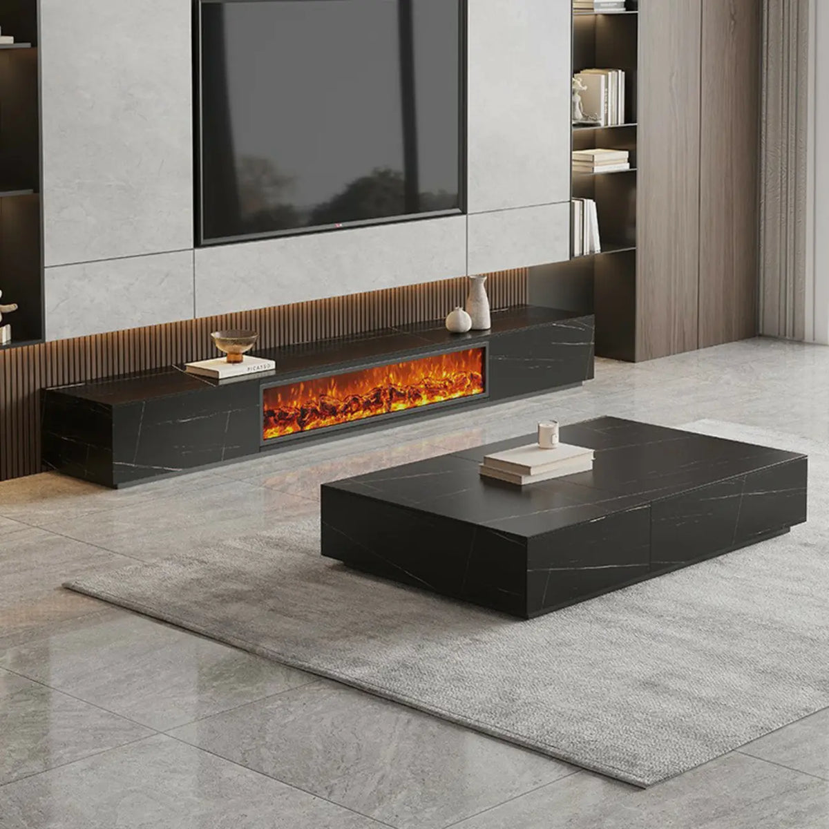 Meuble TV en pierre avec cheminée électrique noire et lumière, 87 cm de large – Sanzelize Design