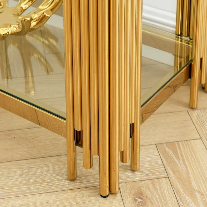 Console étroite à 2 niveaux avec structure en métal doré et plateau en verre trempé – Sanzelize Design