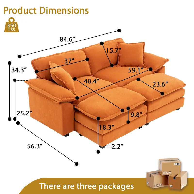 Canapé 2 places avec 2 coussins de siège, 2 oreillers et 2 poufs, canapé confortable - Canapé profond de salon – Sanzelize Design