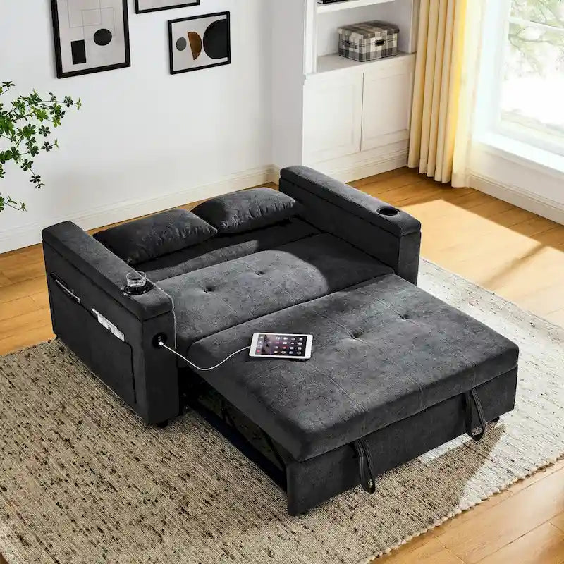 Canapé-lit gigogne 137 cm, canapé-lit inclinable 2 places avec rangement, oreiller lombaire, prise USB – Sanzelize Design
