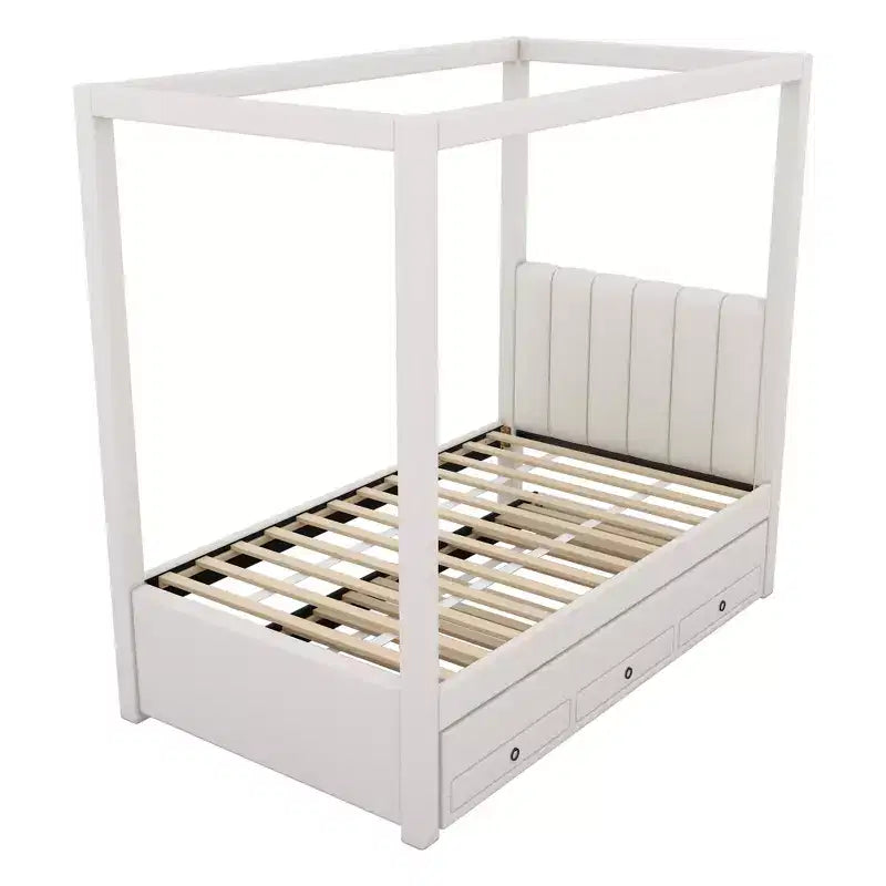 Lit à plateforme à baldaquin tapissé de lin 137 x 191 cm avec lit gigogne et trois tiroirs de rangement – Sanzelize Design
