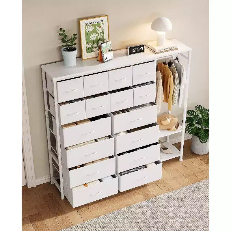 Commode de rangement avec 16 tiroirs, tringle à vêtements et étagères – Sanzelize Design