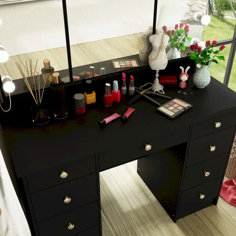 Coiffeuse LED de luxe avec 9 tiroirs, station de maquillage élégante – Sanzelize Design