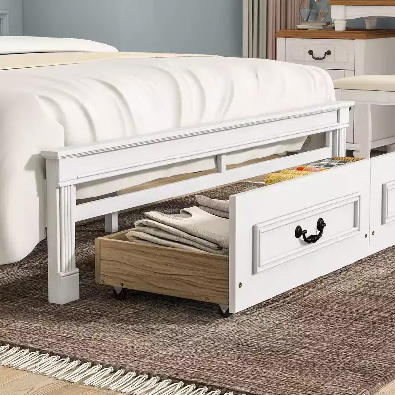 Lit plateforme 152 x 203 cm / 193 x 203 cm avec tête de lit haute, cadre de lit rustique en bois avec 2 tiroirs – Sanzelize Design