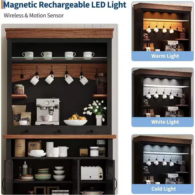 Meuble de bar à café de style ferme de 183 cm de haut avec lumières LED, buffet de cuisine avec portes et tiroir – Sanzelize Design