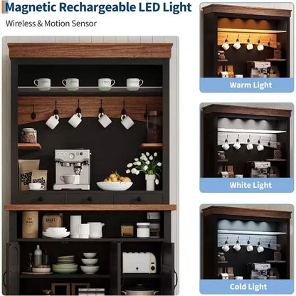 Meuble de bar à café de style ferme de 183 cm de haut avec lumières LED, buffet de cuisine avec portes et tiroir – Sanzelize Design