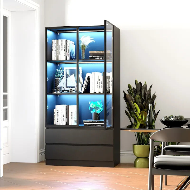 Vitrine de rangement, vitrine avec portes en verre trempé, vitrine avec 4 étagères de rangement – Sanzelize Design