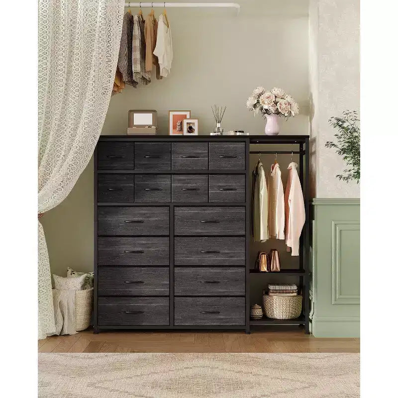 Commode de rangement avec 16 tiroirs, tringle à vêtements et étagères – Sanzelize Design