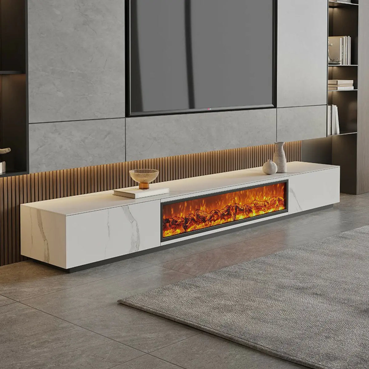Meuble TV en pierre avec cheminée électrique noire et lumière, 87 cm de large – Sanzelize Design