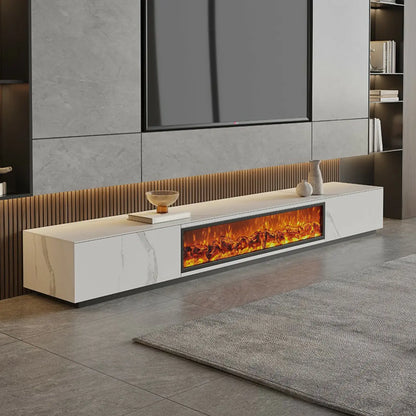 Meuble TV en pierre avec cheminée électrique noire et lumière, 87 cm de large – Sanzelize Design