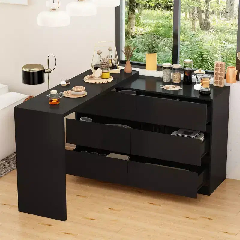 Desserte de buffet intelligente rotative/extensible avec 6 tiroirs, plan de travail étendu, tapis antidérapant – Sanzelize Design