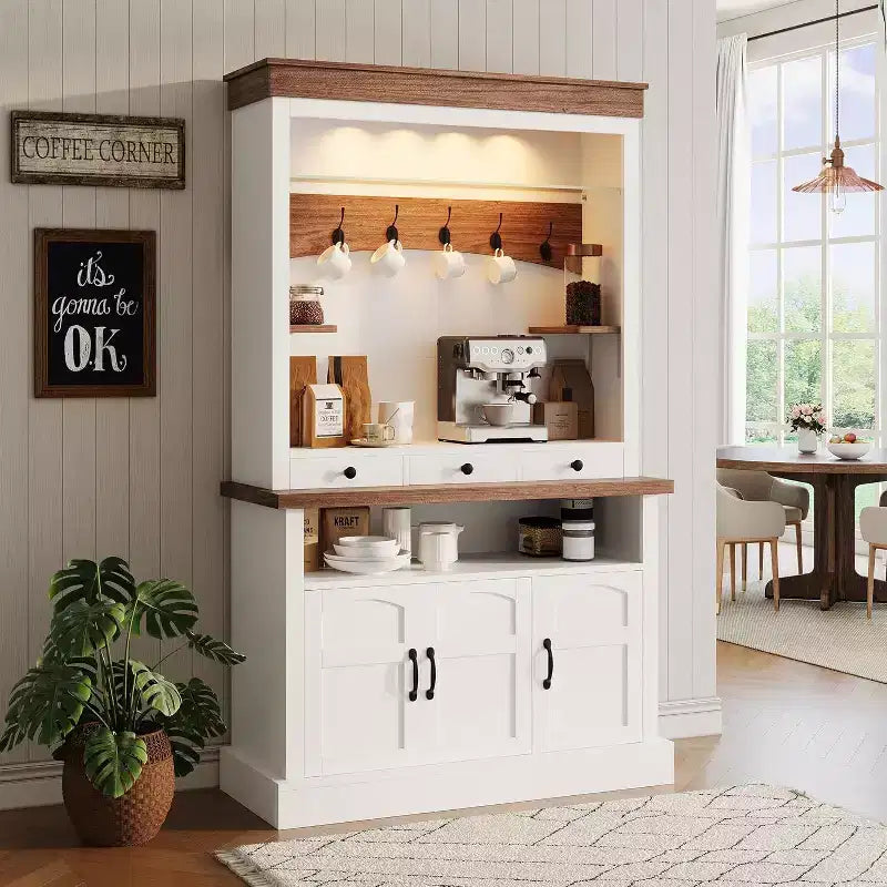 Meuble de bar à café de style ferme de 183 cm de haut avec lumières LED, buffet de cuisine avec portes et tiroir – Sanzelize Design