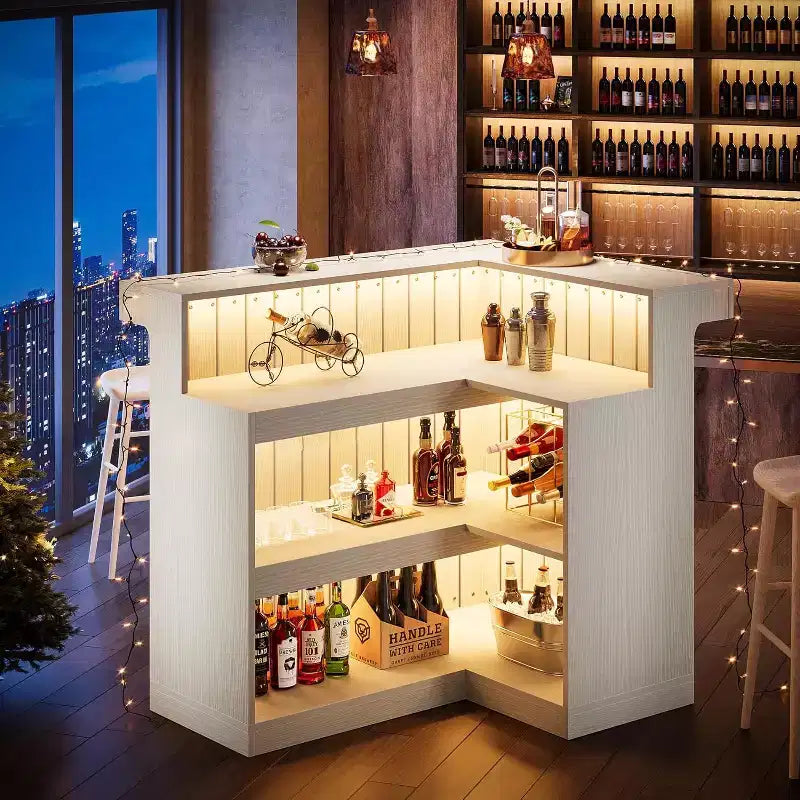 Bar de salon en L, bar à liqueurs d'angle à 4 niveaux avec étagères de rangement et porte-verres à vin pour pub à – Sanzelize Design