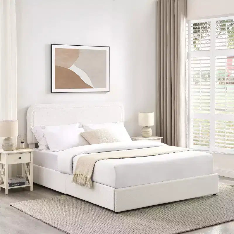 Lit 152 x 203 cm Moderne Rembourré en Boucle avec Tiroirs de Rangement – Sanzelize Design