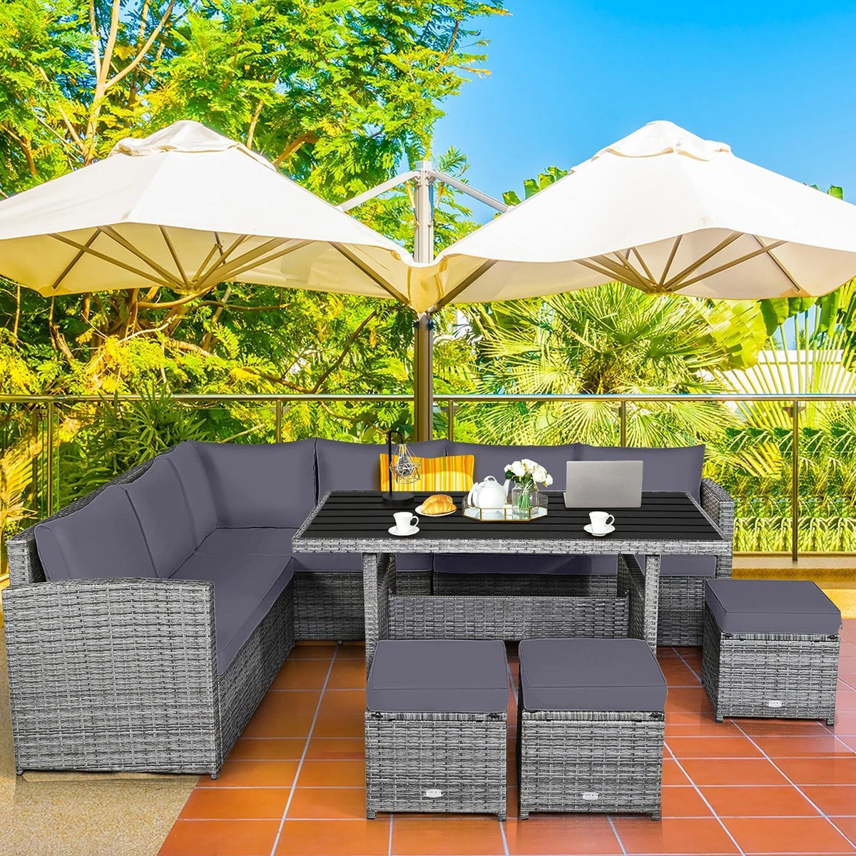 Ensemble de salle à manger 7 pièces en rotin pour terrasse, canapé sectionnel et pouf - Voir détails – Sanzelize Design