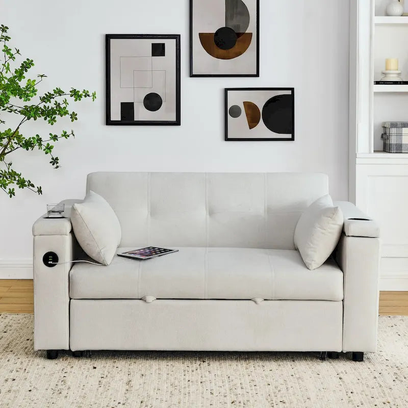 Canapé-lit gigogne 137 cm, canapé-lit inclinable 2 places avec rangement, oreiller lombaire, prise USB – Sanzelize Design