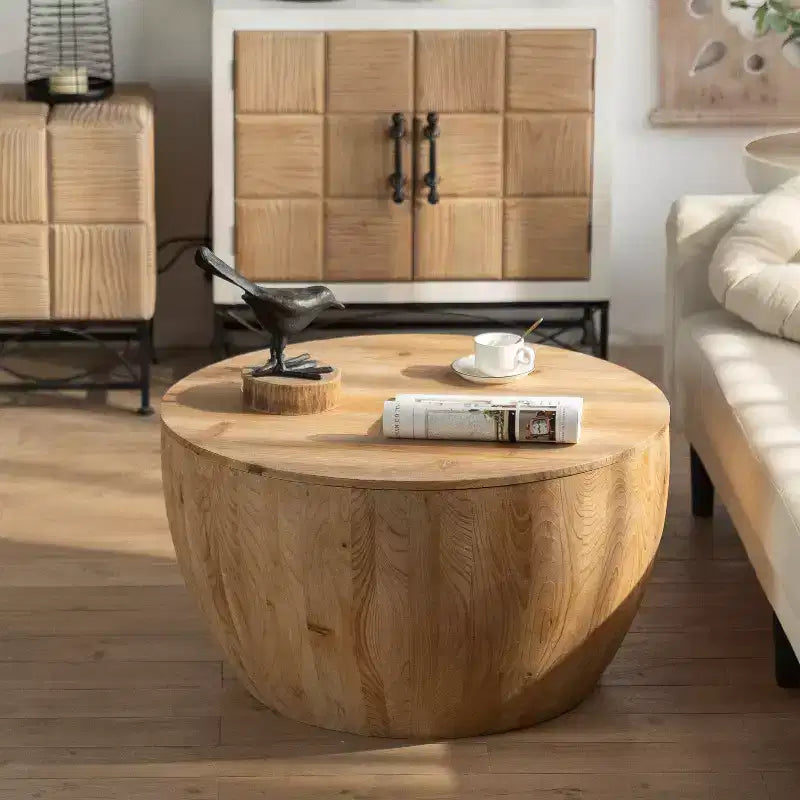 Table basse de rangement ronde et rétro en bois, adaptée au salon, à la salle à manger ou au bureau. – Sanzelize Design