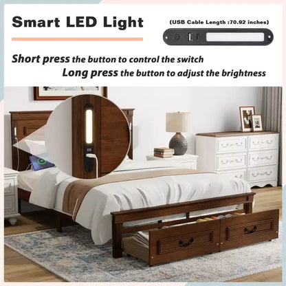 Lit plateforme 152 x 203 cm / 193 x 203 cm avec tête de lit haute, cadre de lit rustique en bois avec 2 tiroirs – Sanzelize Design
