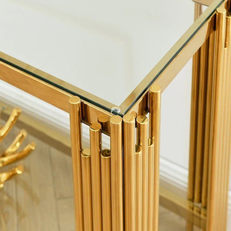 Console étroite à 2 niveaux avec structure en métal doré et plateau en verre trempé – Sanzelize Design