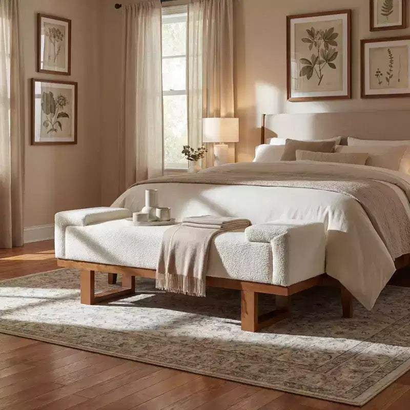 Banc rembourré Paulina moderne en bois d'hévéa et tissu bouclé – Sanzelize Design
