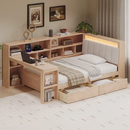 Canapé-lit d'angle en bois en forme de L avec bureau, bibliothèque, lit d'angle avec tiroirs de rangement – Sanzelize Design