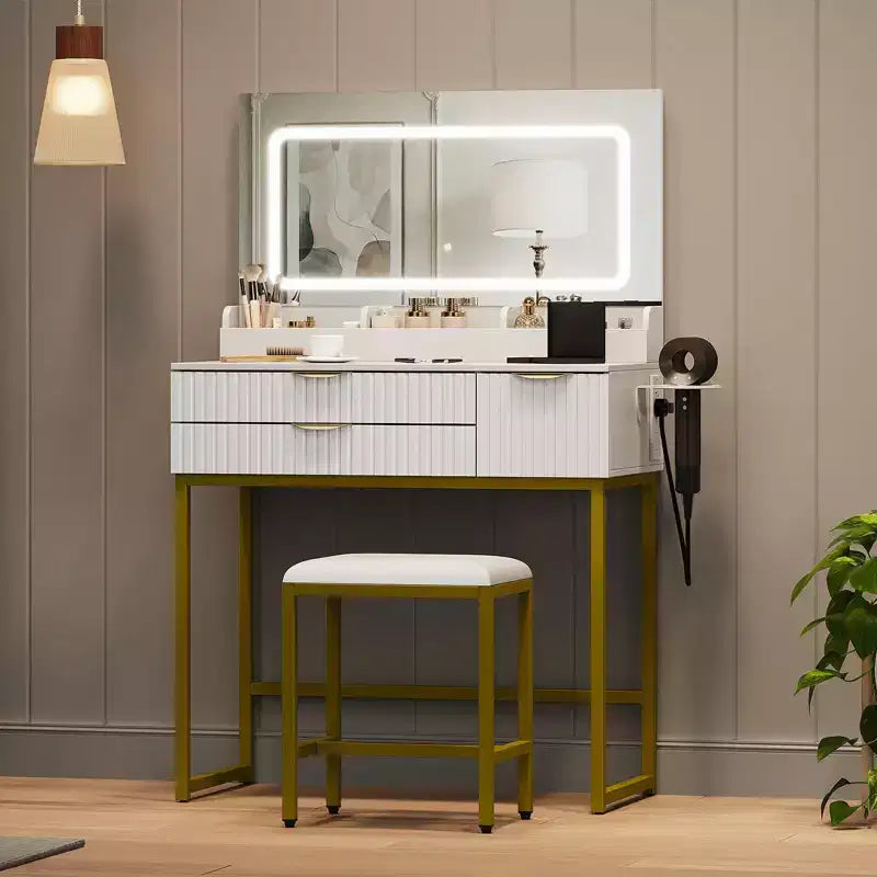 Coiffeuse avec miroir et lumières, miroir lumineux à LED, tiroirs de rangement spacieux pour produits cosmétiques et – Sanzelize Design