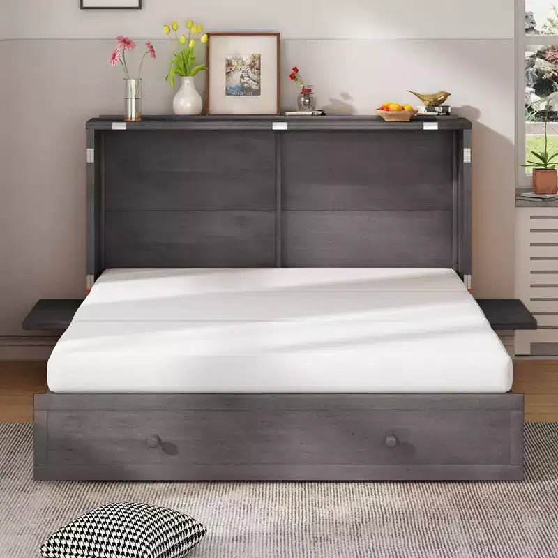 Lit escamotable Murphy 152 x 203 cm, lit coffre Cube avec station de charge et espace de rangement – Sanzelize Design