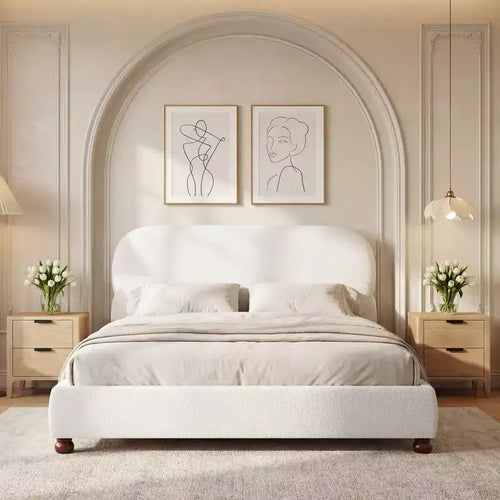 Lit rembourré en bouclette moderne en bois d'hévéa Matteo – Sanzelize Design