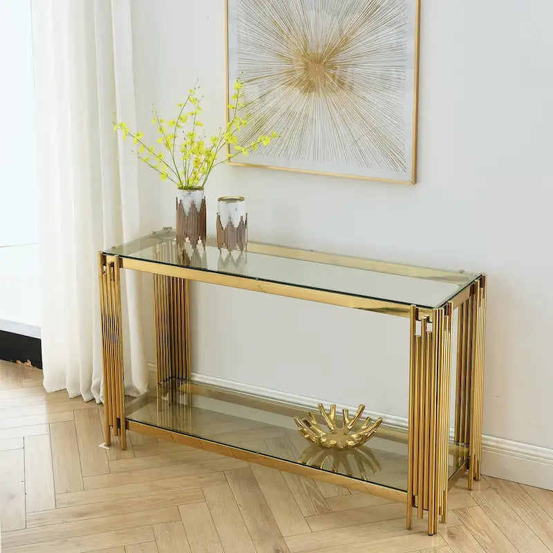 Console étroite à 2 niveaux avec structure en métal doré et plateau en verre trempé – Sanzelize Design
