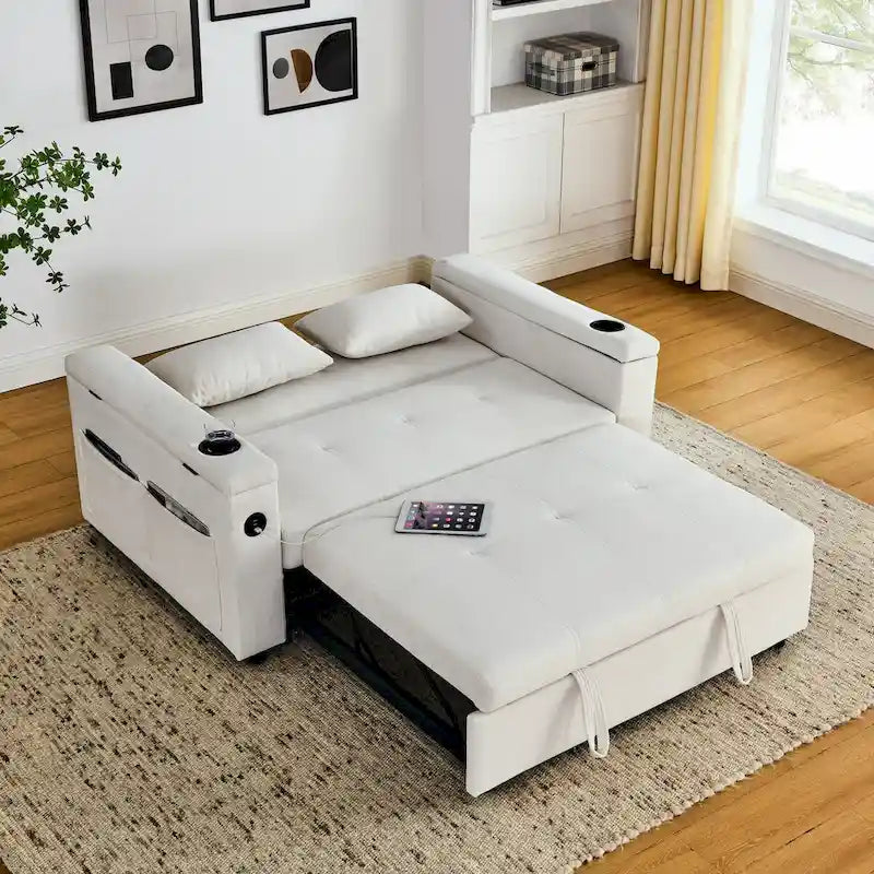 Canapé-lit gigogne 137 cm, canapé-lit inclinable 2 places avec rangement, oreiller lombaire, prise USB – Sanzelize Design