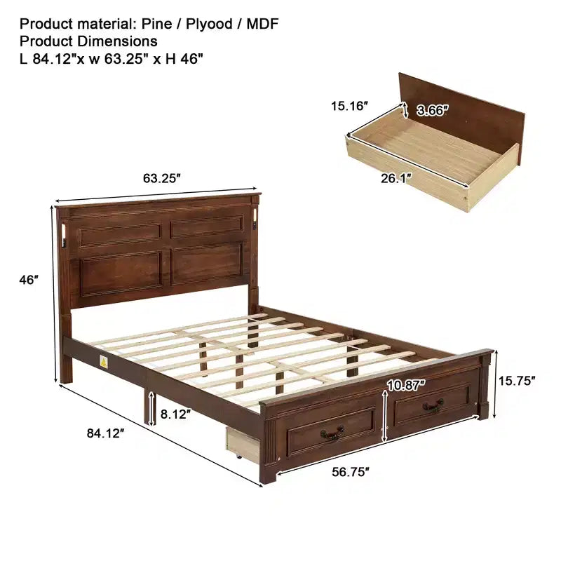 Lit plateforme 152 x 203 cm / 193 x 203 cm avec tête de lit haute, cadre de lit rustique en bois avec 2 tiroirs – Sanzelize Design