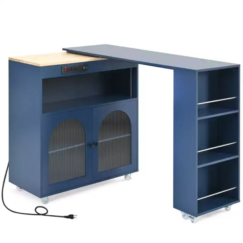 Îlot de cuisine roulant avec 2 portes en verre, Desserte de cuisine avec table extensible et prises de courant – Sanzelize Design