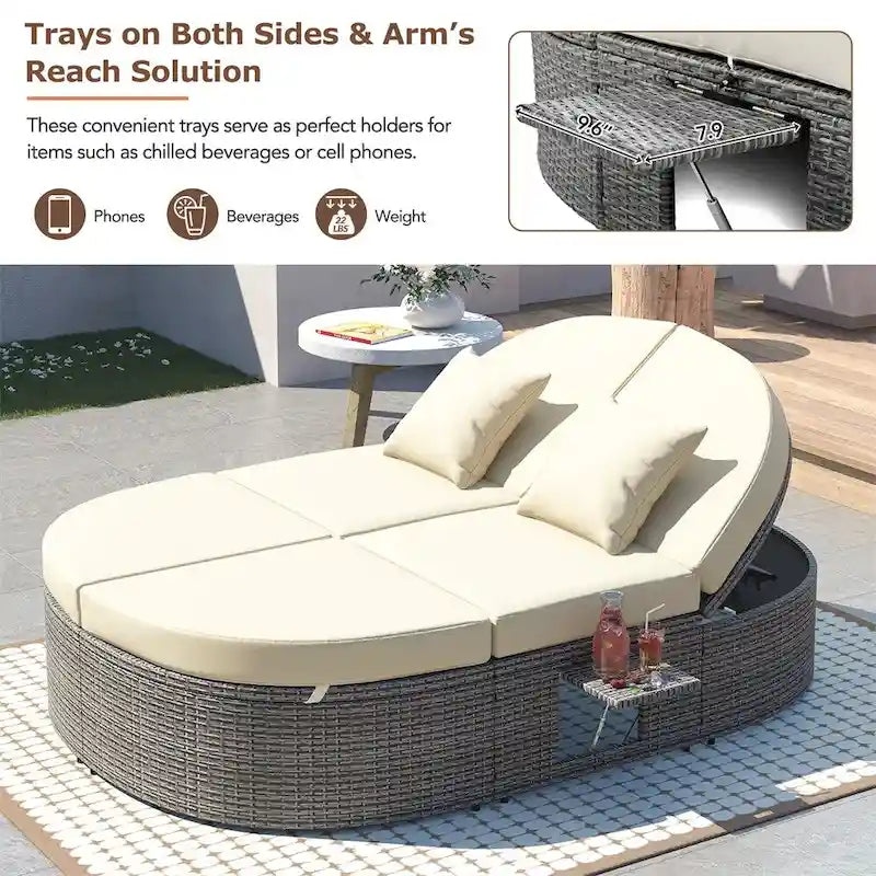Lit de soleil extérieur double pour terrasse avec coussins et oreillers – Sanzelize Design