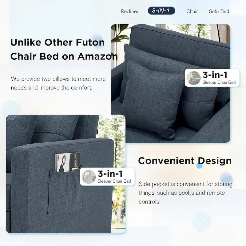 Fauteuil convertible 3-en-1, plusieurs coloris, une place – Sanzelize Design