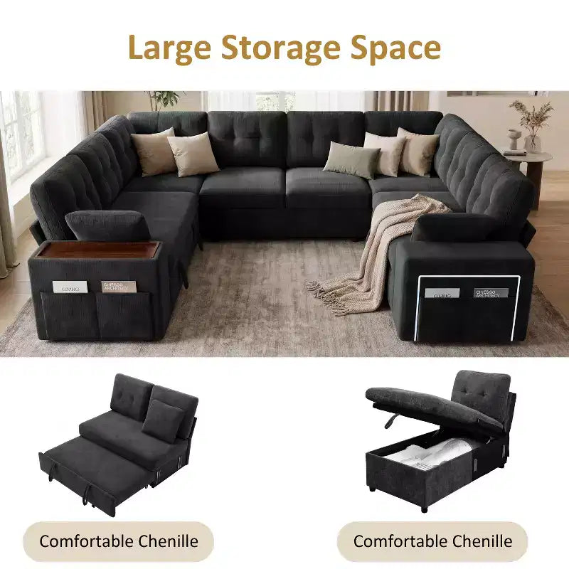 Canapé modulaire 284 cm convertible avec lit gigogne, canapé d'angle en U avec rangement – Sanzelize Design
