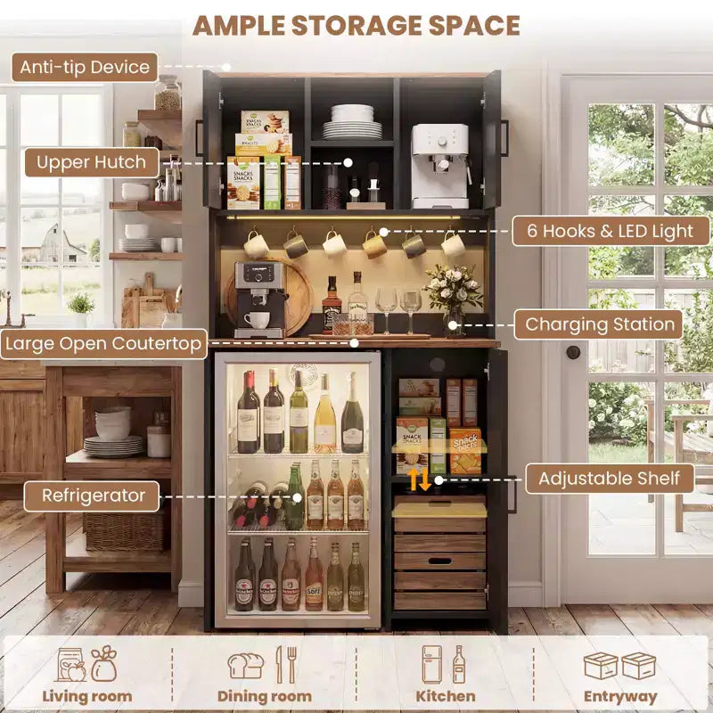 Meuble de cuisine avec espace mini-réfrigérateur, meuble de bar à café avec étagère de rangement – Sanzelize Design