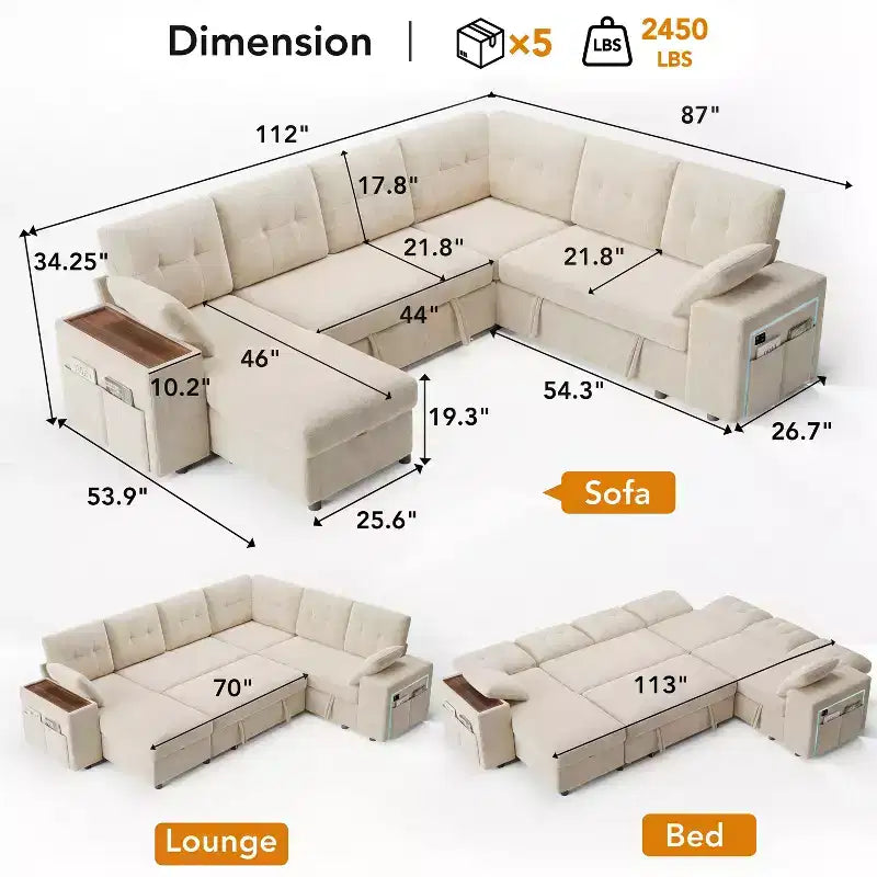 Canapé modulaire 284 cm convertible avec lit gigogne, canapé d'angle en U avec rangement – Sanzelize Design