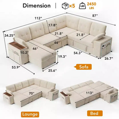 Canapé modulaire 284 cm convertible avec lit gigogne, canapé d'angle en U avec rangement – Sanzelize Design