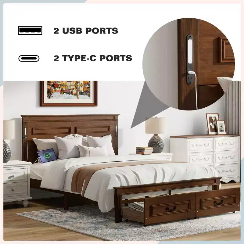 Lit plateforme 152 x 203 cm / 193 x 203 cm avec tête de lit haute, cadre de lit rustique en bois avec 2 tiroirs – Sanzelize Design