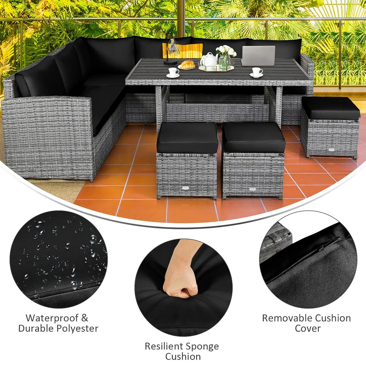 Ensemble de salle à manger 7 pièces en rotin pour terrasse, canapé sectionnel et pouf - Voir détails – Sanzelize Design