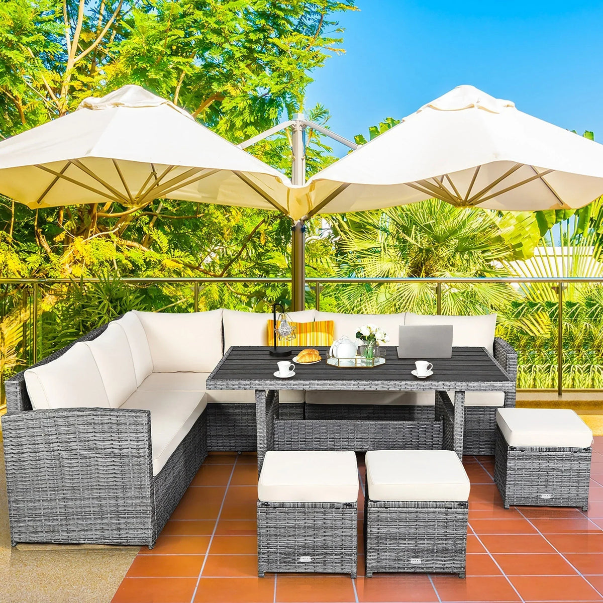 Ensemble de salle à manger 7 pièces en rotin pour terrasse, canapé sectionnel et pouf - Voir détails – Sanzelize Design