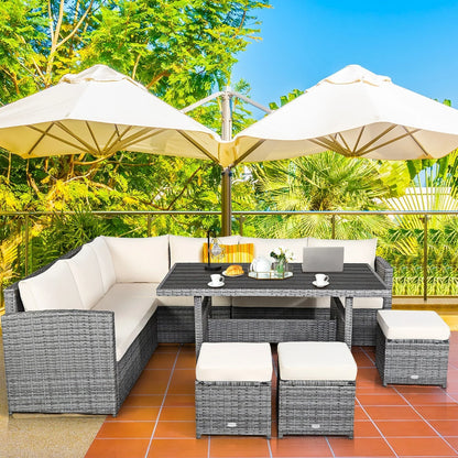 Ensemble de salle à manger 7 pièces en rotin pour terrasse, canapé sectionnel et pouf - Voir détails – Sanzelize Design