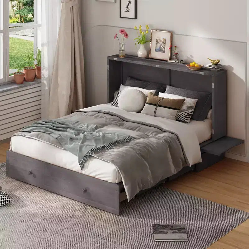 Lit escamotable Murphy 152 x 203 cm, lit coffre Cube avec station de charge et espace de rangement – Sanzelize Design