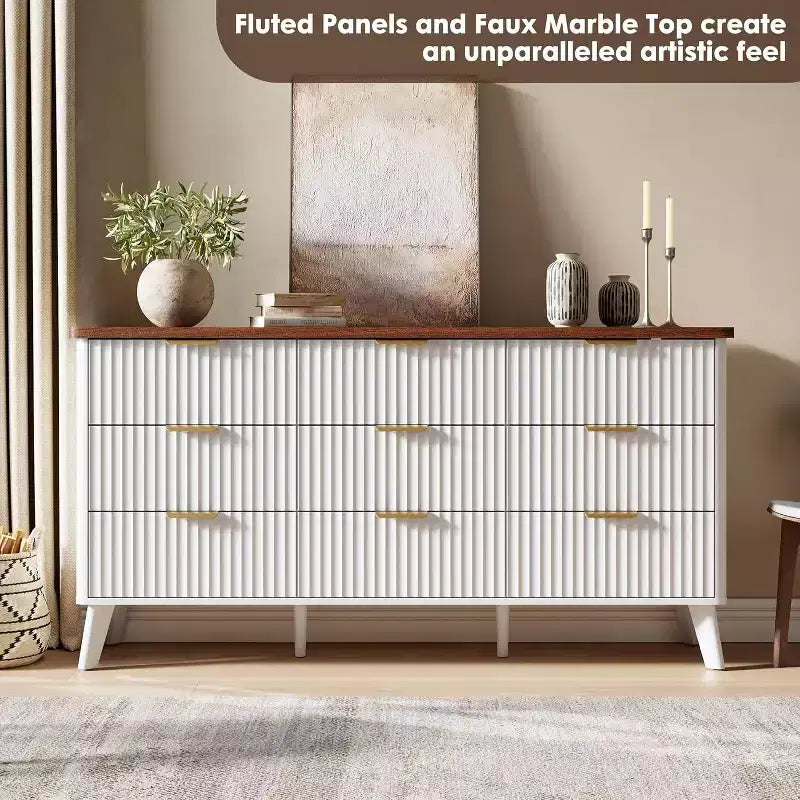 Commode cannelée à 9 tiroirs, commode moderne, meuble TV en bois, design à profil incurvé, pour salon, couloir – Sanzelize Design