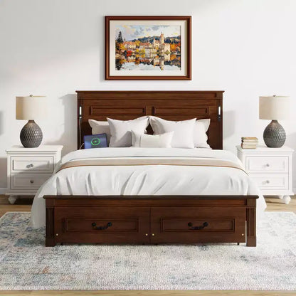 Lit plateforme 152 x 203 cm / 193 x 203 cm avec tête de lit haute, cadre de lit rustique en bois avec 2 tiroirs – Sanzelize Design