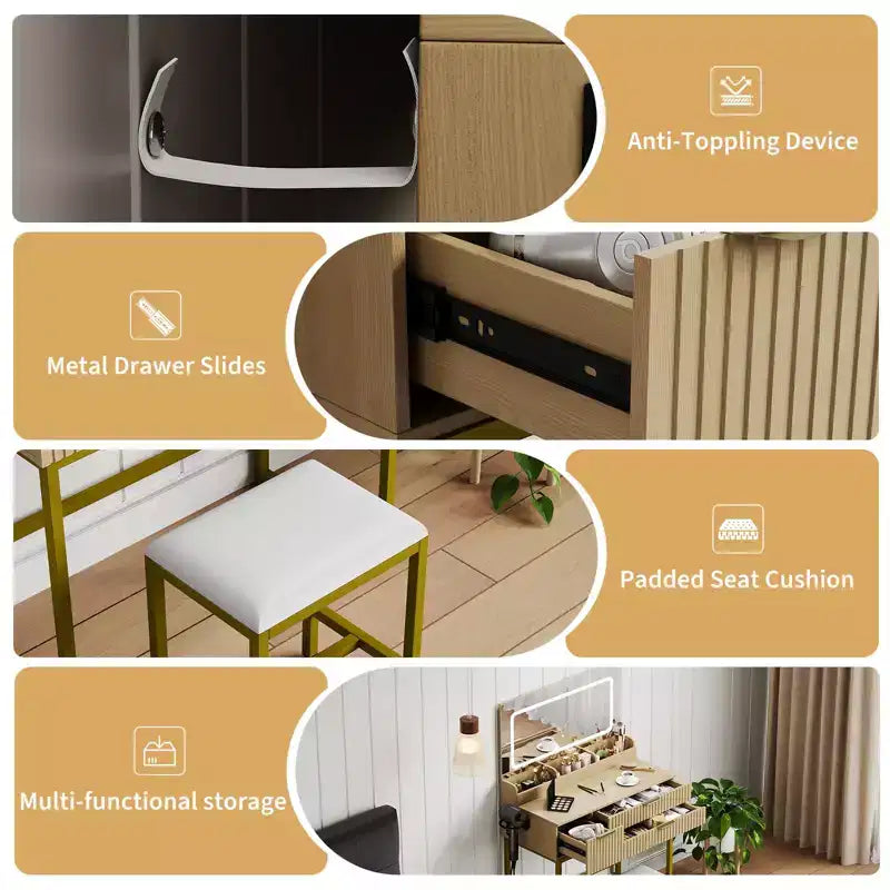 Coiffeuse avec miroir et lumières, miroir lumineux à LED, tiroirs de rangement spacieux pour produits cosmétiques et – Sanzelize Design