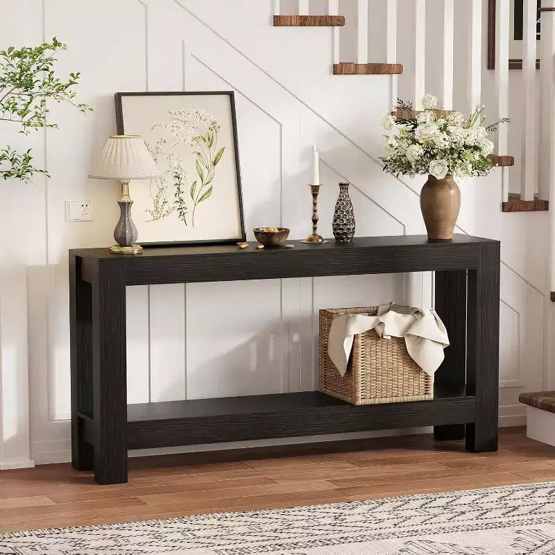 Table console d'entrée 160 cm avec 2 tiroirs, Table de canapé étroite en bois pour salon, couloir ou hall d'entrée – Sanzelize Design