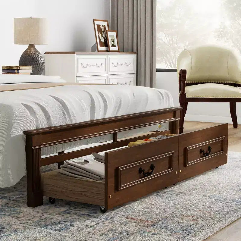 Lit plateforme 152 x 203 cm / 193 x 203 cm avec tête de lit haute, cadre de lit rustique en bois avec 2 tiroirs – Sanzelize Design