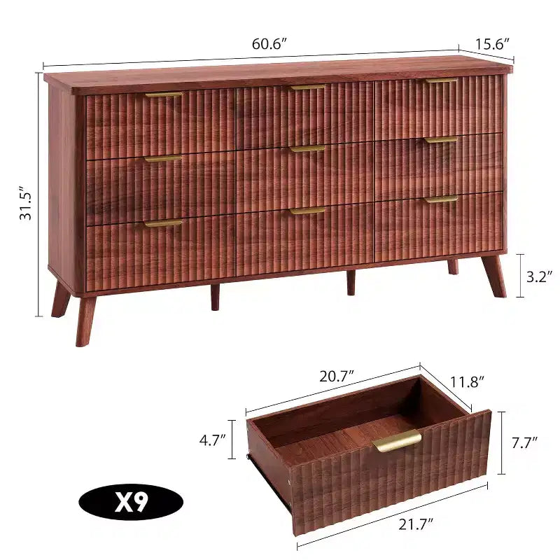 Commode cannelée à 9 tiroirs, commode moderne, meuble TV en bois, design à profil incurvé, pour salon, couloir – Sanzelize Design